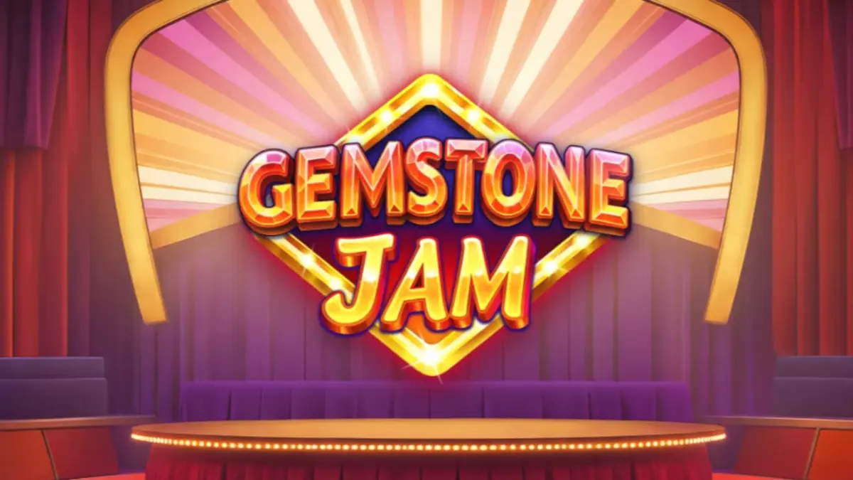 Tampilan visual slot Gemstone Jam dengan simbol permata dan nuansa panggung kuis TV