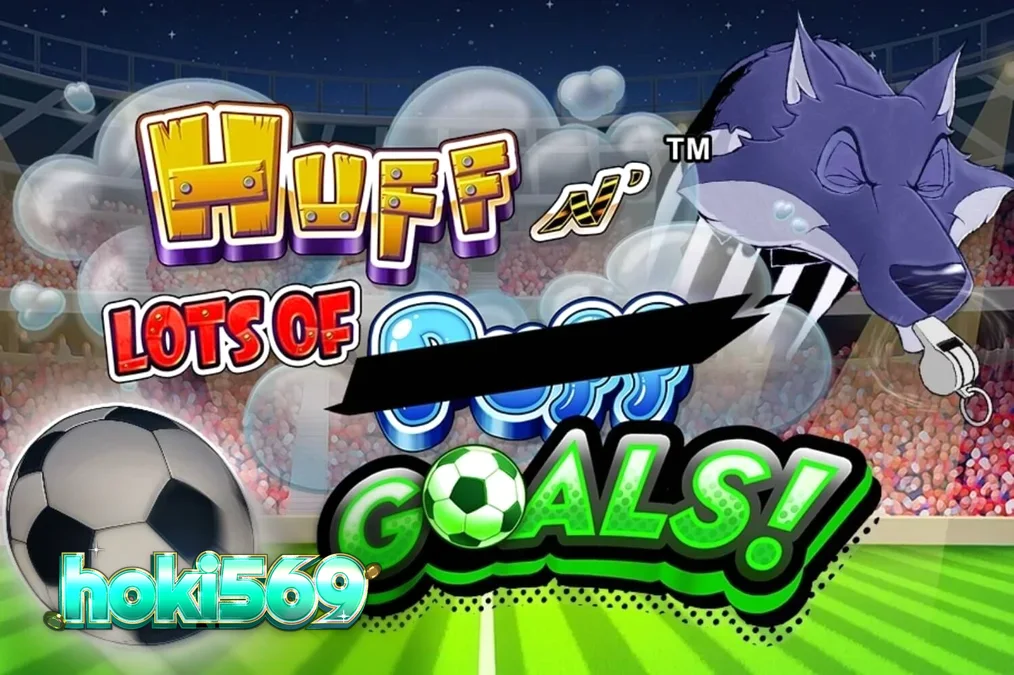 Tampilan visual slot Huff N’ Lots of Goals dengan tema sepak bola dan tiga babi kecil.